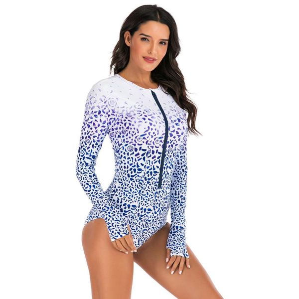 

two-piece suits women leopard floral printing summer one piece bikini long sleeve zipper bodysuit casual swimwear push up beach swimsui