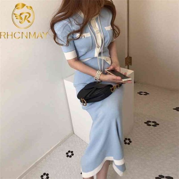

fashion korean elegant knitted 2 pieces sets hit color single breasted short sleeve o-neck + high waist long skirt 210730, White