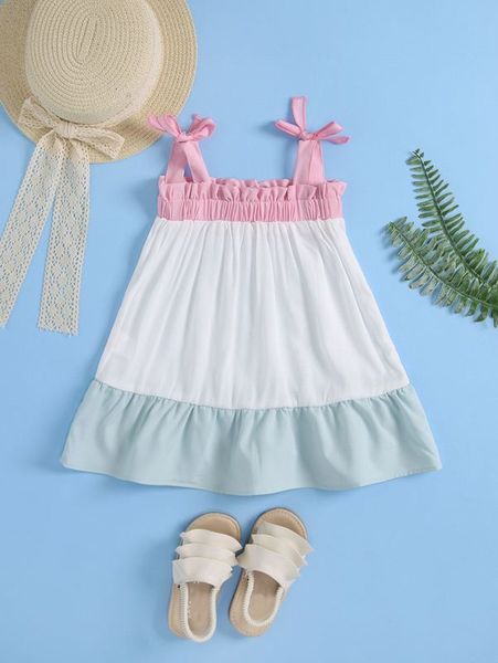 

toddler girls color block ruffle hem tie shoulder cami dress she, Red;yellow