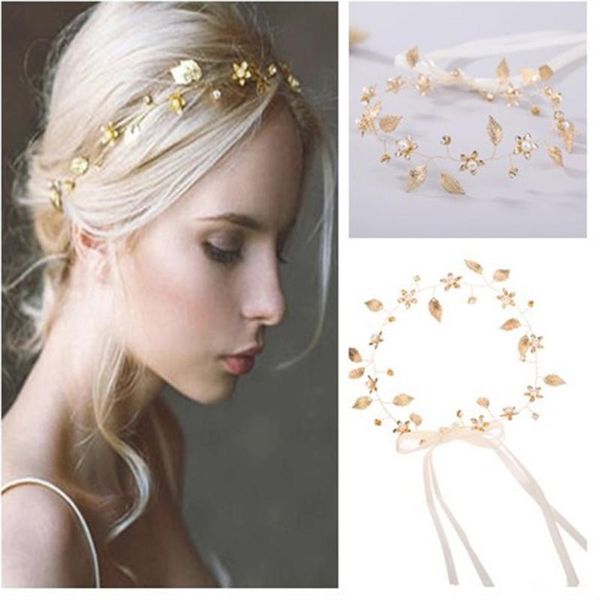 

hair clips & barrettes women fashion golden leaf flower pearl rhinestone bride headband hairband wedding bridal prom head piece ornaments je, Golden;silver