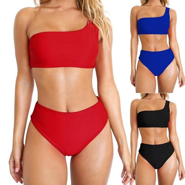 

women's two piece pants separates solid color one shoulder high waist bathing suit women bikinis swimming wear, White