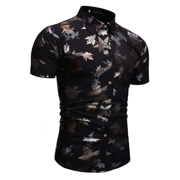

men's shirt 2020 summer men's fashion casual gilded leaf printed short sleeve large shirt cs95, White;black
