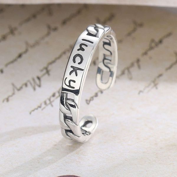 

s925 silver lucky feminine fashion letter chain opening adjustable ring, Black