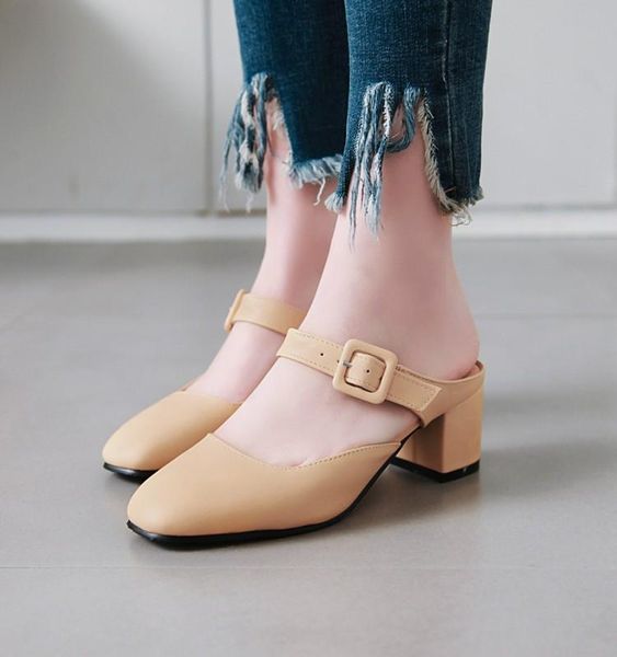 

slippers 2021 spring square head casual minimalist sandals female korean wild thick heel fashion baotou single shoes tide, Black