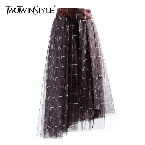 

irregular plaid skirt for women high waist mesh hit color casual skirts female clothing spring fashion 210423, Black