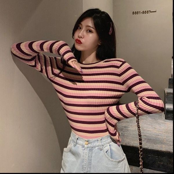 

autumn fashion round neck striped women sweater slim long sleeved knit, White;black