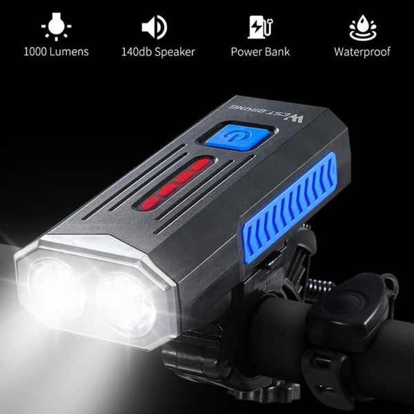 

bike lights west biking usb 1000 lumens light 360° rotate base with horn headlight cycling equipment