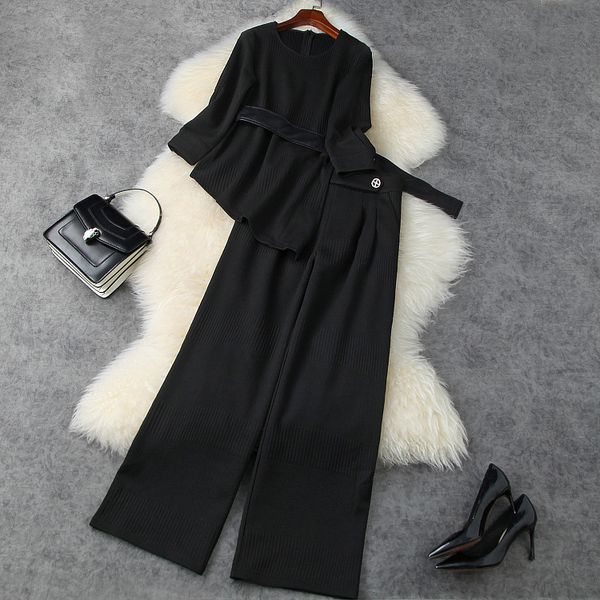 

women's two piece pants spring 3/4 sleeve round neck black / red belted + high waist wide leg trousers suits 2 s set ld2211730 c713, White