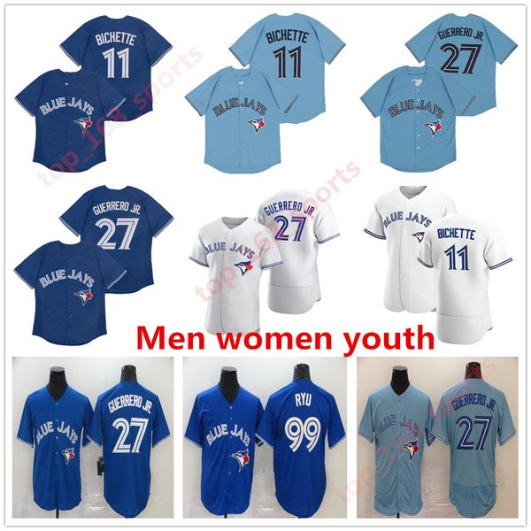 

2021 toronto men women kids 11 bo bichette jersey blue jays 27 vladimir guerrero jr. 99 hyun-jin ryu baseball jerseys, Blue;black