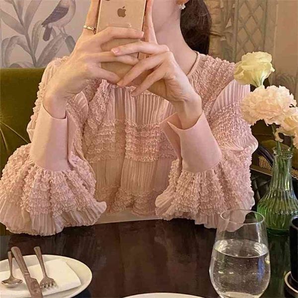 

spring korean blouse women chic pleated sweet solid color round neck shirt lantern long sleeve gentle fashion ruffle 13481 210421, White