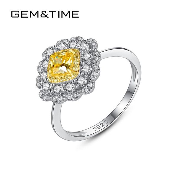 

cluster rings gem&time natural citrine flower design ring 100% sterling 925 silver fashion jewelry for women promis engagement gift sr033, Golden;silver