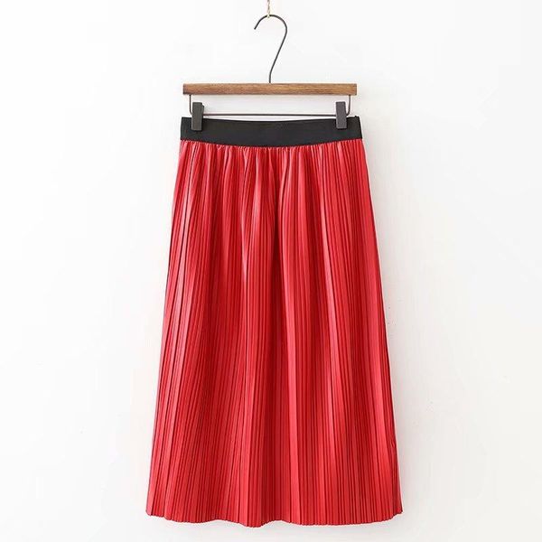 

skirts asds women pu leather red pleated faldas mujer elastic waist solid female stylish casual chic midi skirt wqz55362, Black