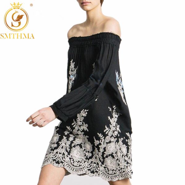

autumn runway dresses off the shoulder embroidery black dress cute women's hippie chic bohemia clothing 210520, Black;gray