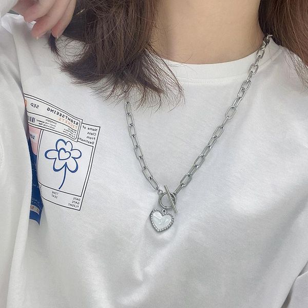 

chains heart necklace chunky chain ot buckle stainless steel punk pendant couple jewelry gift, Silver