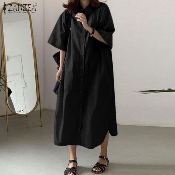 

casual dresses short sleeve mid-calf vestido women's autumn sundress stylish solid shirt dress female clothing lapel button robe, Black;gray