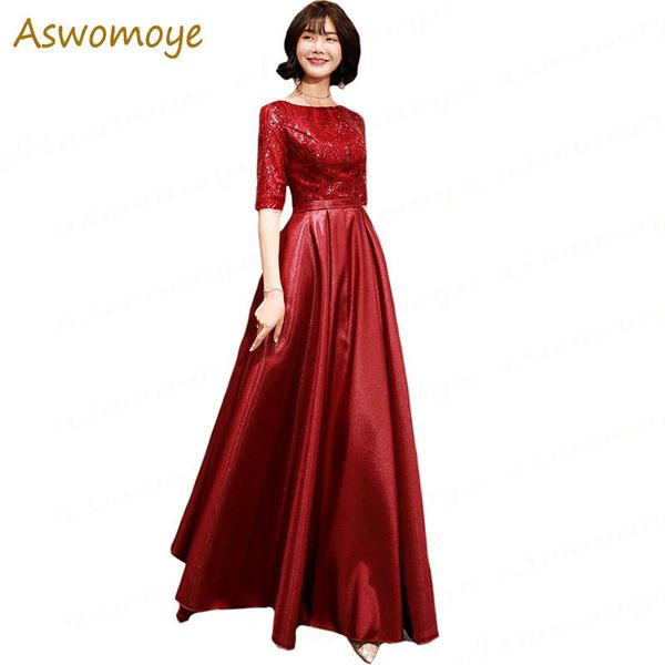 

party dresses wine evening dress 2021 style spring half sleeve elegant prom o-neck sequins a line special occasion, White;black