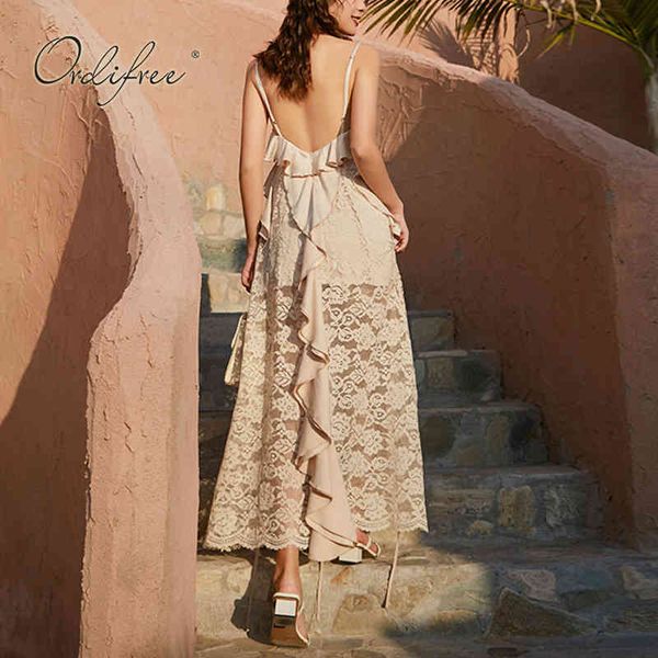 

summer women backless long spaghetti strap ruffle split lace maxi tunic beach dress 210415, Black;gray