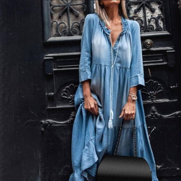 

summer womens dress vintage women lace 3 4 sleeve large hem tassel loose maxi denim clothing, Black;gray