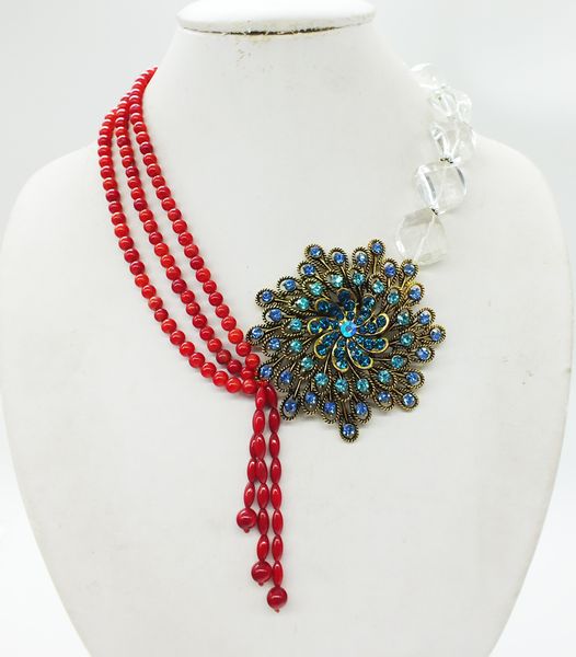 

classic beauty. natural coral, crystal, greek mythology, lucky necklace 19", Silver