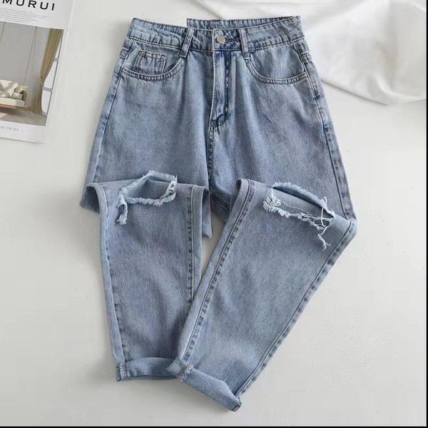 

womens jeans ripped female women korean button hole ms. denim high waist loose casual pencil pants, Blue