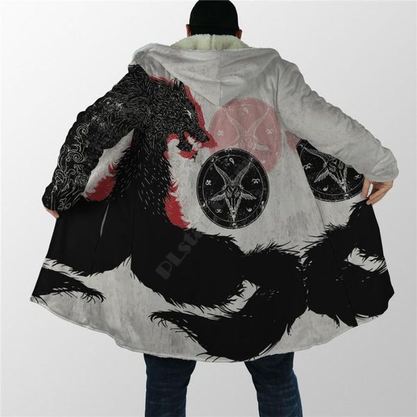 

men's wool & blends satanic wolf cloak 3d all over printed hoodie for men women winter fleece wind breaker warm hood, Black