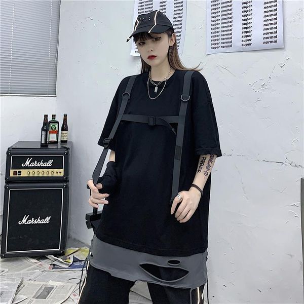 

spliced ripped hole fake two piece men t-shirt oversized punk hip hop harajuku summer short sleeve woman streetwear boys men's t-shirt, White;black