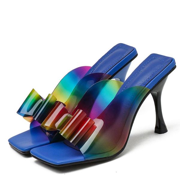 

sandals womens square peep toe clear transparent bowknot slippers mules shoes high heel slingbacks 2021, Black