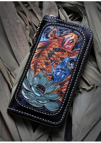 

wallets men genuine leather carving copper lotus coin carp bag purses women long clutch vegetable tanned wallet, Red;black