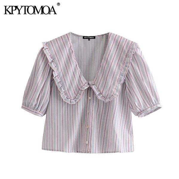 

women sweet fashion peter pan collar striped blouses vintage puff sleeve button-up female shirts blusas chic 210421, White
