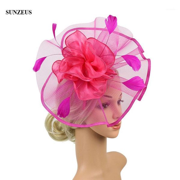 

fuchsia wedding hats tulle party hat with organza flowers elegant feathers bridal 2021 sqn0391