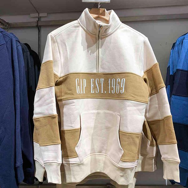 

brand hoodie gap 1969 men's autumn stripe color matching half zipper pullover thin velvet sweater, Black