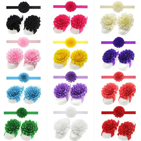 Adorável menina primeiros caminhantes artesanais dobrados Florais descalças Sandálias e Headband Set Bebê Meninas Sólidas Cor Flores Elastic Hairband Photo Photo Adereços