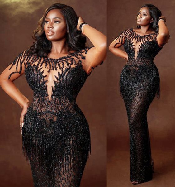 

2021 plus size arabic aso ebi black luxurious sequined prom dresses beaded lace sheer neck evening formal party second reception gowns dress