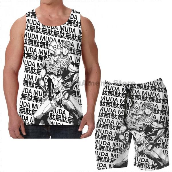 

men's tracksuits summer funny print men tank women giorno giovanna and gold experience beach shorts sets fitness vest, Gray