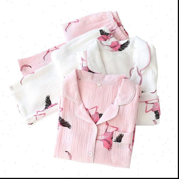 

selling cartoon flamingo printed pajamas womens sleepwears set comfort gauze cotton full sleeve cardigan pants femme homewear, Black;red