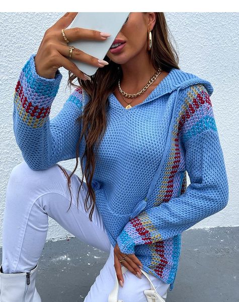 

women's sweaters fashion autumn folk hooded v-neck long-sleeved striped knitted sweater casual pullover 2021 womens hoodie knitwear, White;black