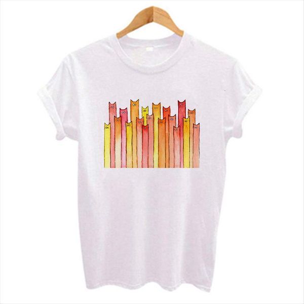 

summer cute colorful long neck womens cat printed casual white tee short sleeve o
