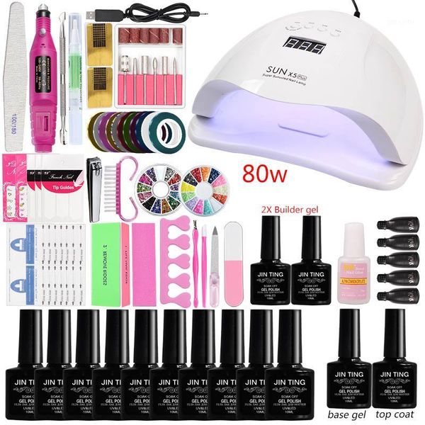 

manicure set nail kit extend the nails 36w/80w led uv lamp 10 color gel polish builder quick extension1
