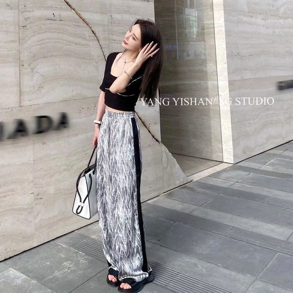 

skirts high waist wide leg pants women summer thin black edge pattern straight-leg trousers draped casual vintage streetwear 65py