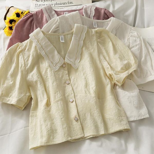

women's blouses & shirts french romance prom lace 2021 women crop puff sleeve casual high waist chic loose streetwear sweet, White