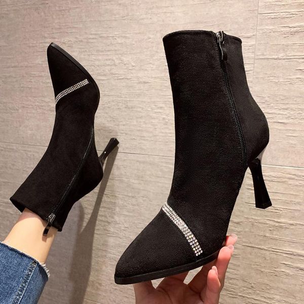 

boots pointed suede high heels women's stiletto short diamond, Black