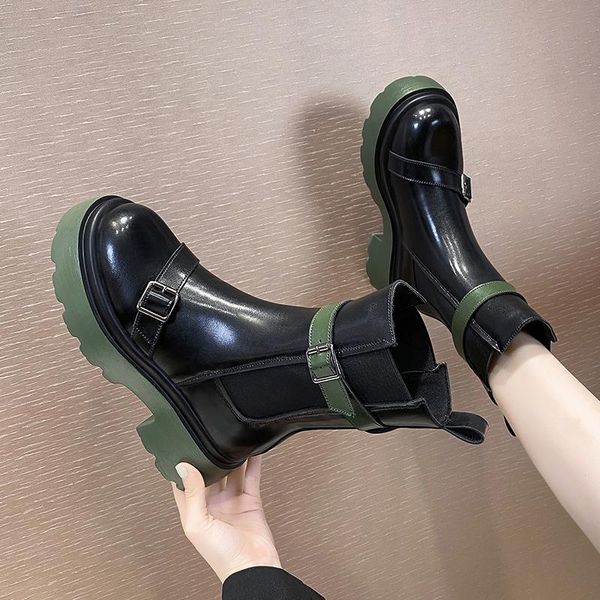 

boots luxury pu leather fashion ankle thick winter round toe shoes thick-soled brand design, Black