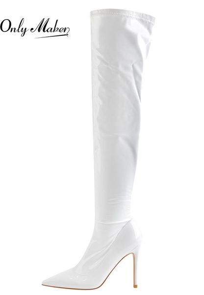 

boots onlymaker spring autumn women pointed toe side zipper patent leather thin high heels concise party over the knee, Black