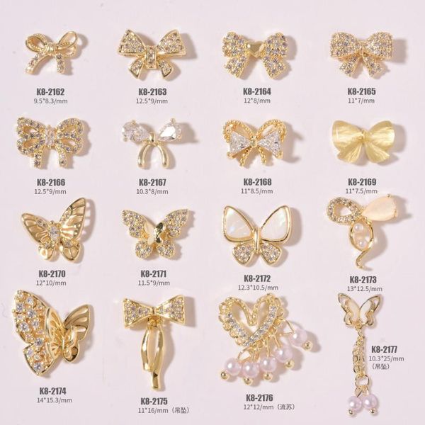 

2pcs luxury zircon 3d nail art decoration crystal pearls bow butterfly shiny diamonds alloy pendant jewelry manicure accessories decorations, Silver;gold