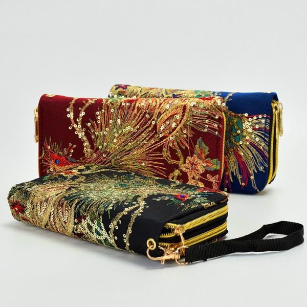 

wallets minority style double-sided embroidery wallet high-end characteristics peacock long zipper hand pocket change mobile, Red;black