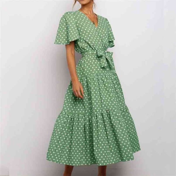 Boho Maxi langes Kleid Frauen Sommer elegant V-Ausschnitt Kreuz Polka Dot Blumengürtel Vintage Kleid Strand weiblich 210508