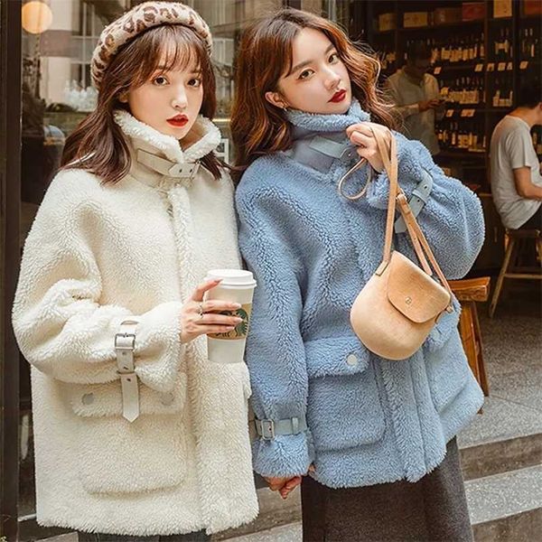 

heydress autumn winter women solid faux lamb fur coat lady granular sheep shearing jacket female casual warm outerwear 211123, Black