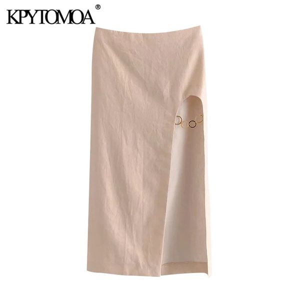 

women chic fashion metal appliques front slit linen midi skirt high waist back zipper female skirts mujer 210420, Black