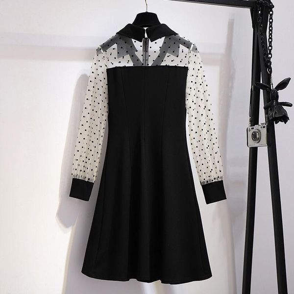 

women's spring autumn dress turn-down collar long sleeve patchwork polka dot button korean casual 3505 dresses, Black;gray