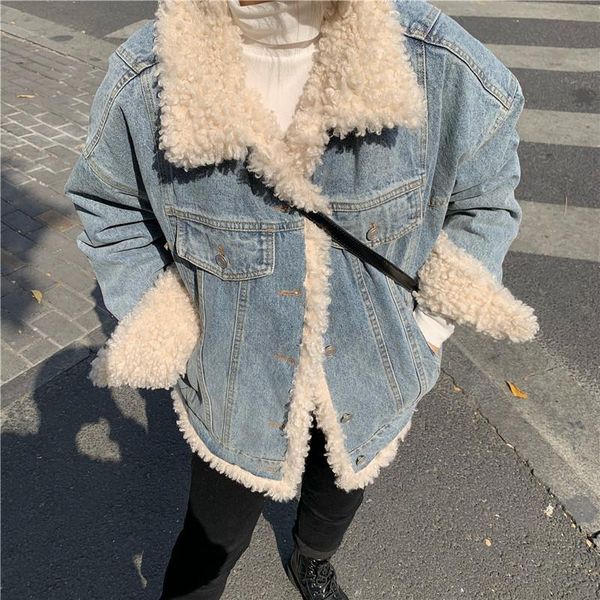 

women's jackets 2021 winter women warm denim parkas vintage faux lamb wool patchwork loose casual long sleeve female jeans jacket mujer, Black;brown